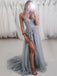 Gray Strapless Sexy Sweetheart Lace Side-slit A-line Long Prom Dress, PD3479