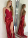 Sexy Red Spaghetti Straps V-neck Lace Top Sequin Side-slit Mermaid Long Prom Dress, PD3481