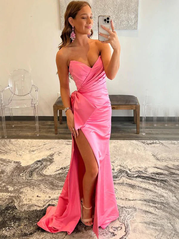 Strapless Sexy Hot Pink V-neck Side-slit Mermaid Long Prom Dress, PD3486