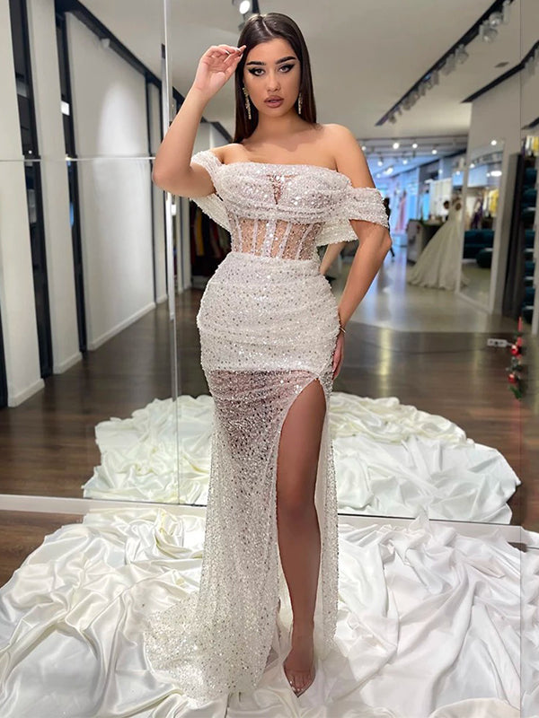 Sexy Sparkly White Off-shoulder Side-slit Mermaid Long Prom Dress, PD3 SposaBridal Sexy Sparkly White Off-shoulder Side-slit Mermaid Long Prom Dress, PD3 SposaBridal