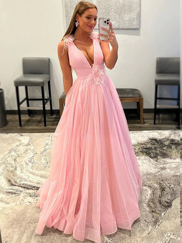 Sexy Pink Deep V-neck Spaghetti Straps A-line Half-open Back Long Prom Dress, PD3502