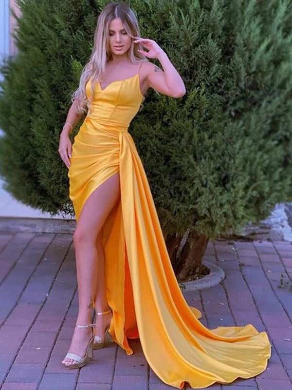 Sexy Yellow Spaghetti Straps Simple Side-slit With Tail Mermaid Long Prom Dress, PD3503