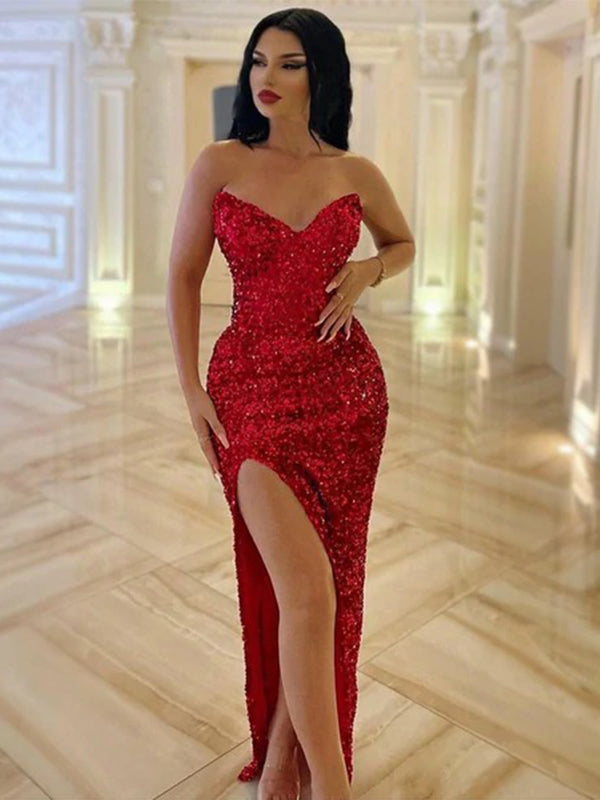 Sexy Red Strapless Sweetheart Side-slit Mermaid Long Prom Dress, PD3506