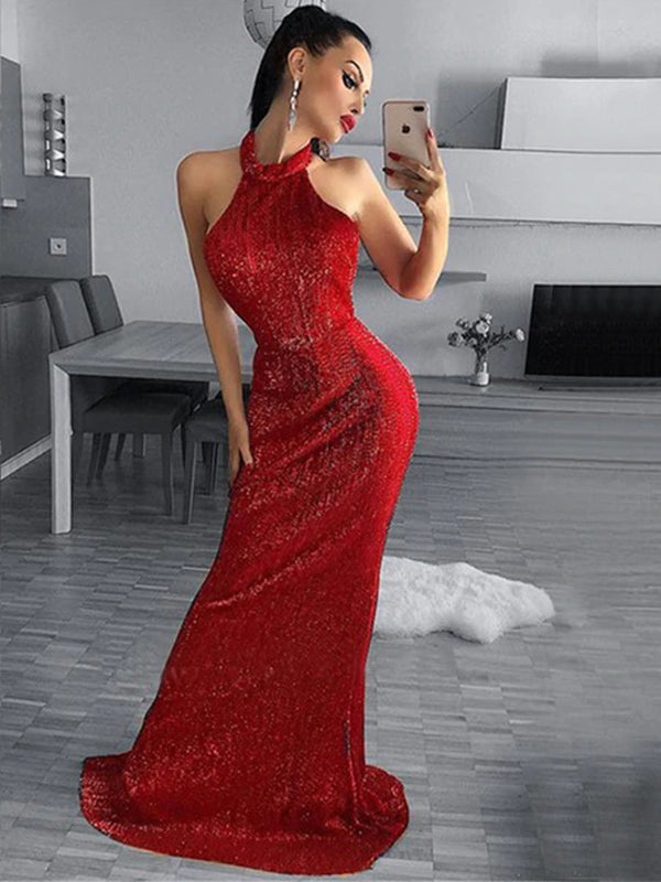 Sexy Dark Red Halter Open Back Mermaid Sequin Long Prom Dress, PD3509 SposaBridal Sexy Dark Red Halter Open Back Mermaid Sequin Long Prom Dress, PD3509 SposaBridal