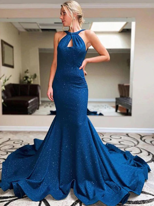 Sparkly Navy Blue Open Back Mermaid Long Trumpet Hollow Design Prom Dress, PD3512