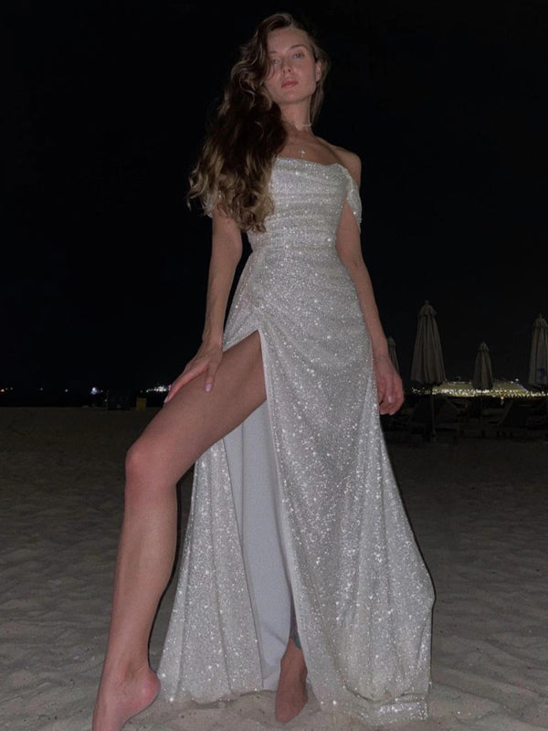 White Sexy Thigh-high Slit Prom Dress - TheCelebrityDresses