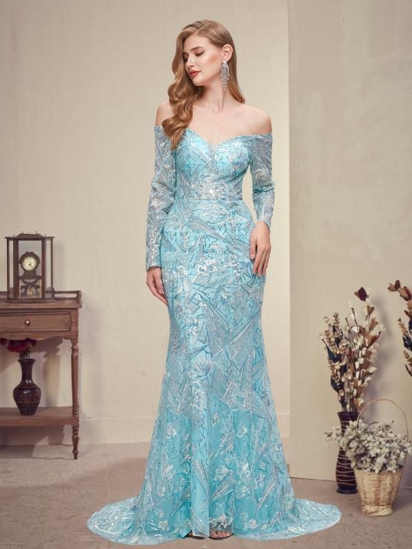Modest Off-shoulder Ice-blue Long Sleeves Mermaid Long Lace Prom Dress, PD3571