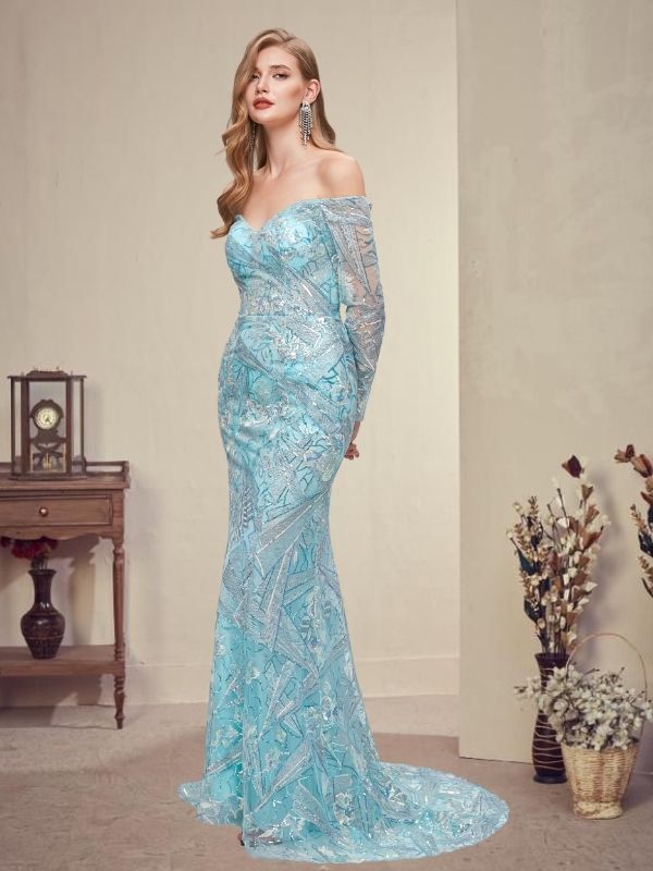 Modest Off-shoulder Ice-blue Long Sleeves Mermaid Long Lace Prom Dress SposaBridal Modest Off-shoulder Ice-blue Long Sleeves Mermaid Long Lace Prom Dress SposaBridal