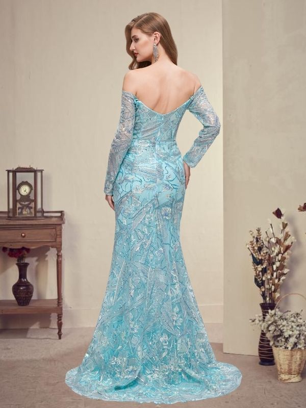 Modest Off-shoulder Ice-blue Long Sleeves Mermaid Long Lace Prom Dress SposaBridal Modest Off-shoulder Ice-blue Long Sleeves Mermaid Long Lace Prom Dress SposaBridal