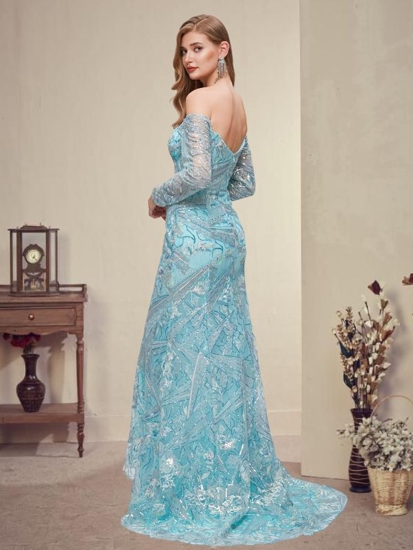 Modest Off-shoulder Ice-blue Long Sleeves Mermaid Long Lace Prom Dress SposaBridal Modest Off-shoulder Ice-blue Long Sleeves Mermaid Long Lace Prom Dress SposaBridal