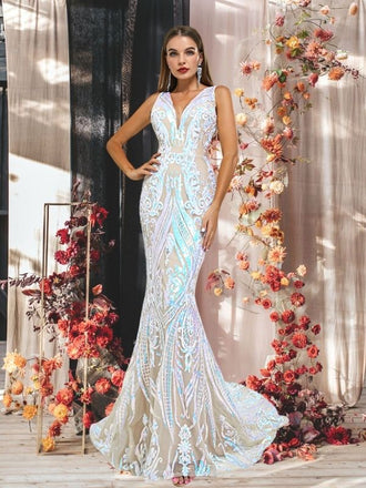 Silver V-neck Sexy Lace-up Back Mermaid Long Prom Dress, PD3577
