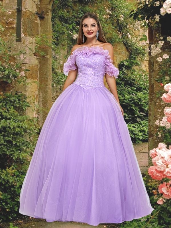 Cute Lilac Ruffle Off-shoulder Lace-up Back A-line Long Prom Dress, Ba SposaBridal Cute Lilac Ruffle Off-shoulder Lace-up Back A-line Long Prom Dress, Ba SposaBridal