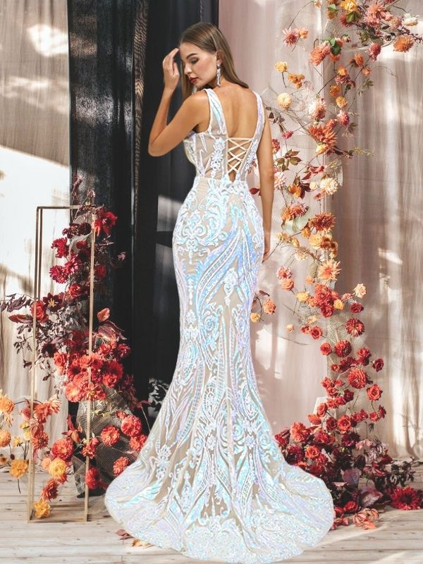 Silver V-neck Sexy Lace-up Back Mermaid Long Prom Dress, PD3577 SposaBridal Silver V-neck Sexy Lace-up Back Mermaid Long Prom Dress, PD3577 SposaBridal