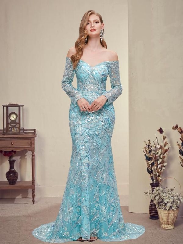 Modest Off-shoulder Ice-blue Long Sleeves Mermaid Long Lace Prom Dress SposaBridal Modest Off-shoulder Ice-blue Long Sleeves Mermaid Long Lace Prom Dress SposaBridal