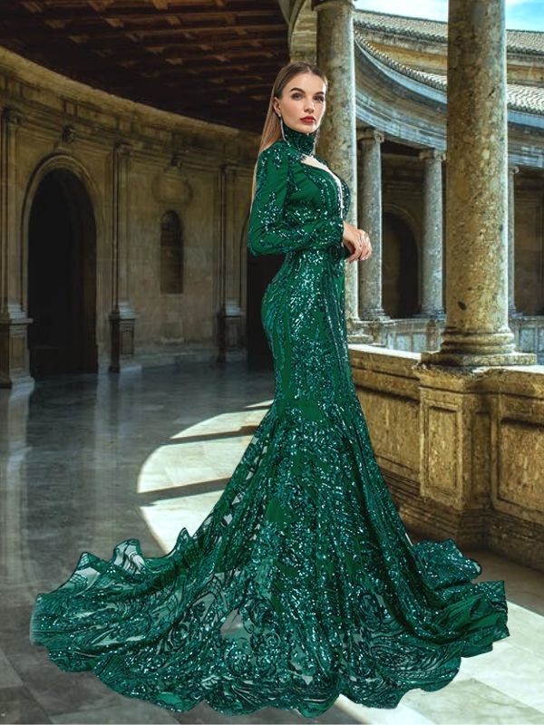 Luxurious Emerald High-neck Long Sleeves Sequin Lace Mermaid Long Prom SposaBridal Luxurious Emerald High-neck Long Sleeves Sequin Lace Mermaid Long Prom SposaBridal