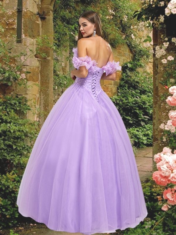 Cute Lilac Ruffle Off-shoulder Lace-up Back A-line Long Prom Dress, Ba SposaBridal Cute Lilac Ruffle Off-shoulder Lace-up Back A-line Long Prom Dress, Ba SposaBridal