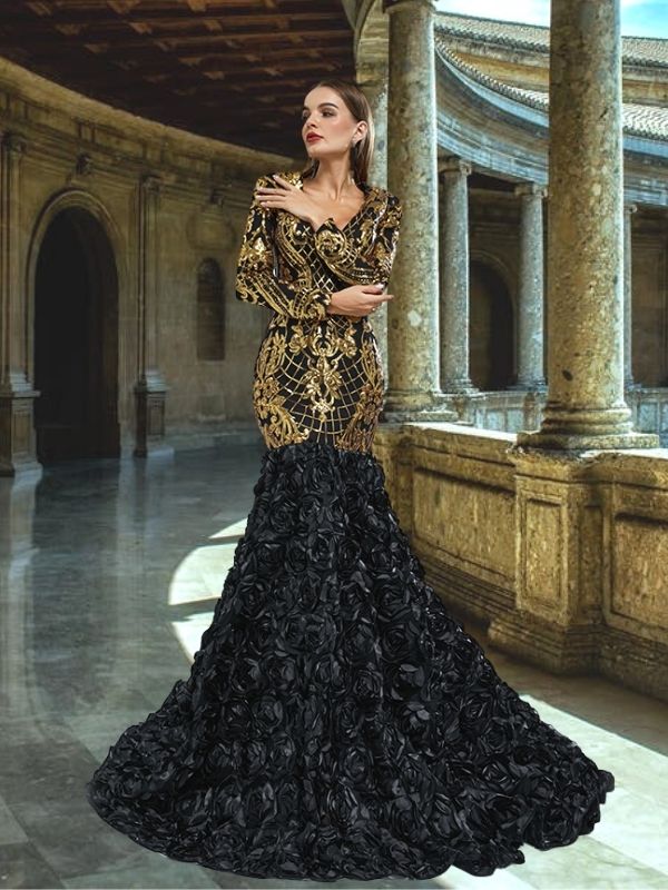 Luxurious Long Sleeves V-neck Gold Lace Black-rose Trumpet Mermaid Lon SposaBridal Luxurious Long Sleeves V-neck Gold Lace Black-rose Trumpet Mermaid Lon SposaBridal