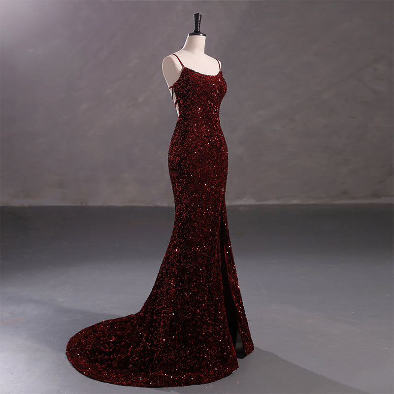 Sexy Sparkly White, Burgundy Spaghetti Straps Side-slit Backless Mermaid Long Prom Dress, PD3573