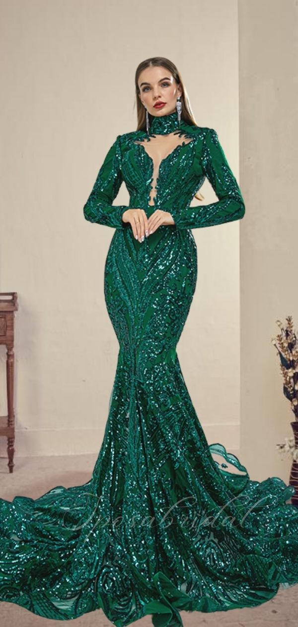 Luxurious Emerald High-neck Long Sleeves Sequin Lace Mermaid Long Prom SposaBridal Luxurious Emerald High-neck Long Sleeves Sequin Lace Mermaid Long Prom SposaBridal