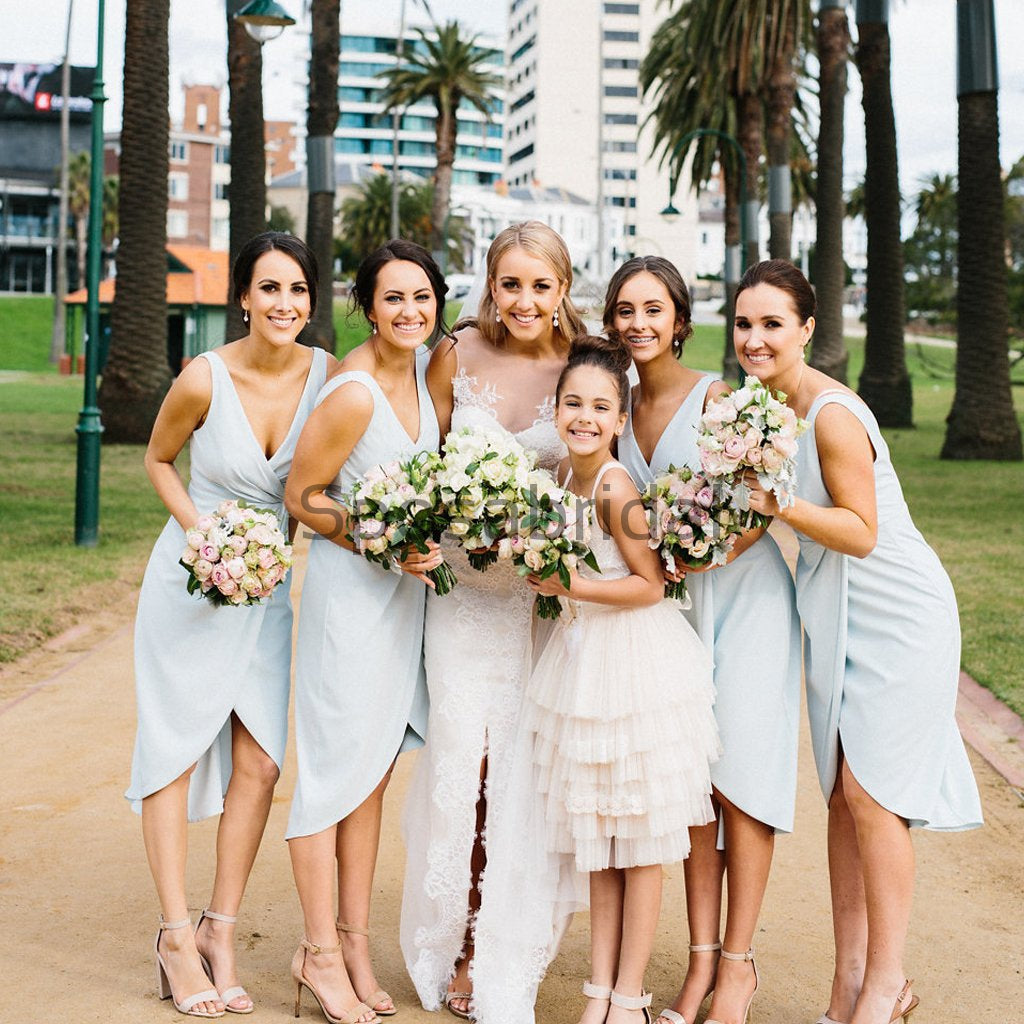 Pale Blue V-Neck Unique Beach Summer Short Bridesmaid Dresses WG800 –  SposaBridal