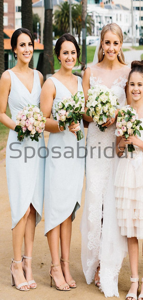Pale Blue V-Neck Unique Beach Summer Short Bridesmaid Dresses WG800