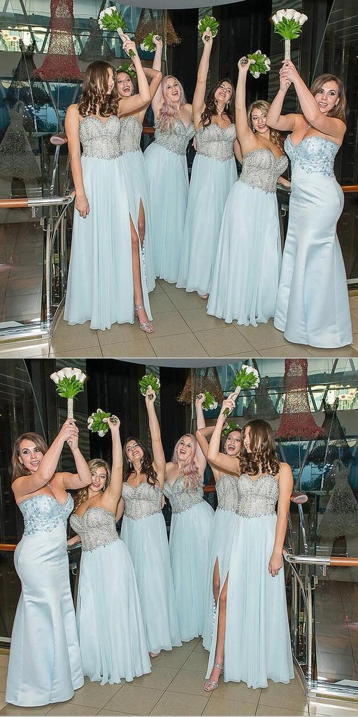 Pale Blue Sweetheart Strapless Side Split Bridesmaid Dresses, Sparkly Beaded Popular Floor-length Custom Bridesmaid dress, WG253