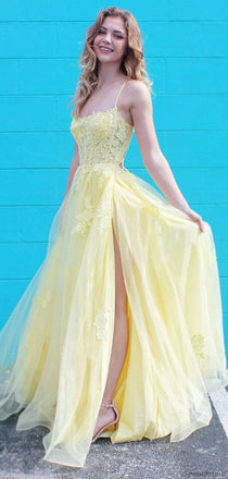 Pastel Yellow A-line Spaghetti Straps Side-slit Lace Prom Dresses, PD2274