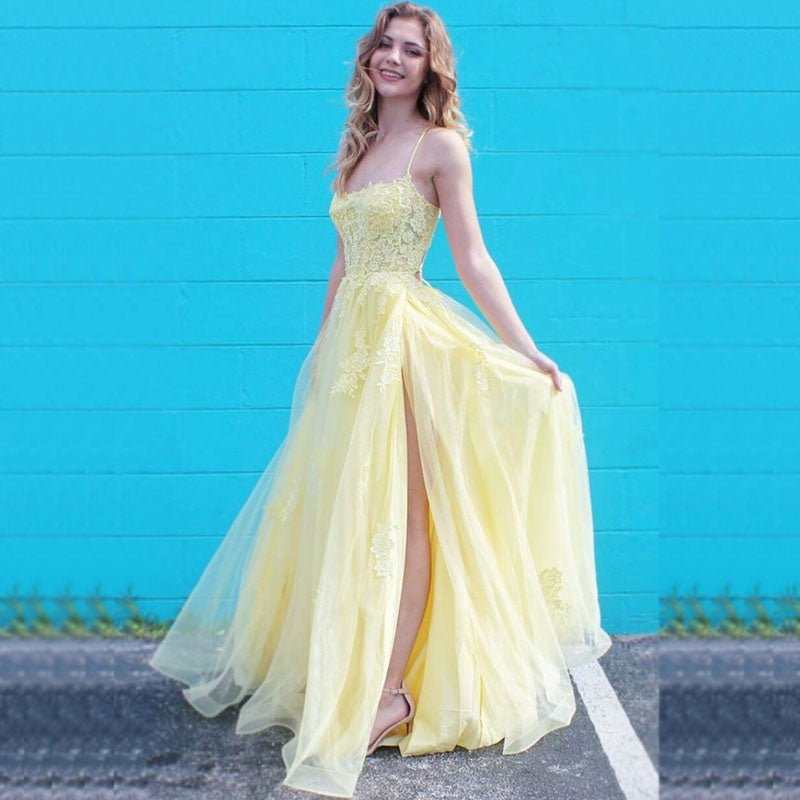 Pastel Yellow A-line Spaghetti Straps Side-slit Lace Prom Dresses, PD2274