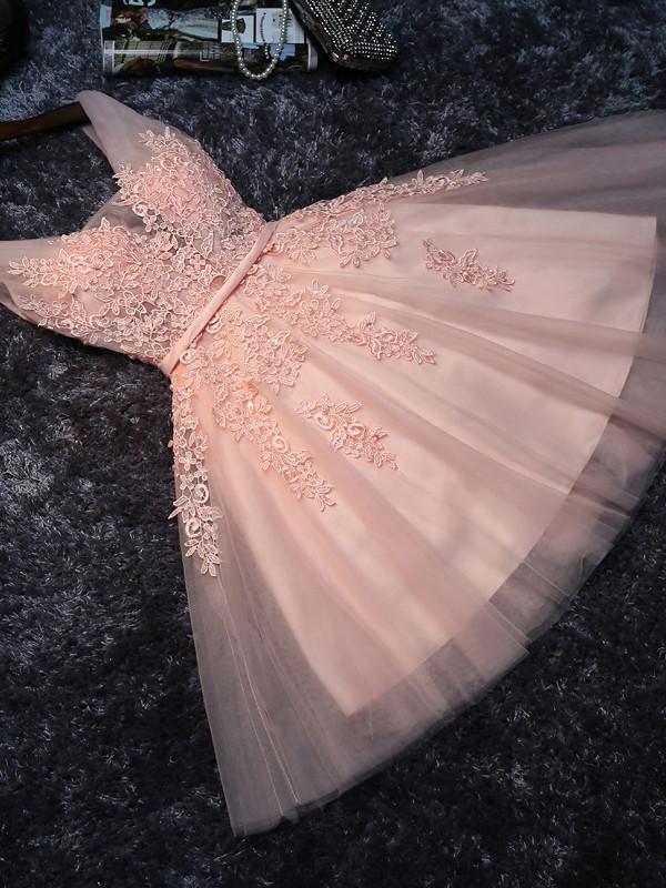 Cheap V Neck Peach Lace Beaded Cute Homecoming Dresses, CM445 SposaBridal Cheap V Neck Peach Lace Beaded Cute Homecoming Dresses, CM445 SposaBridal