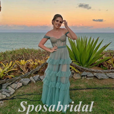 Sexy Tulle Off Shoulder Sleeveless A-Line Long Prom Dresses,PD3701
