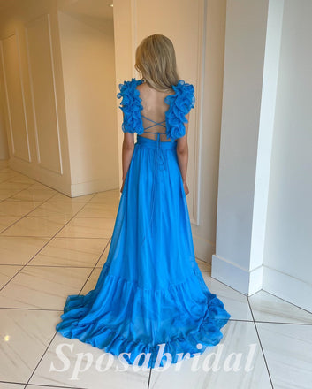 Sexy Chiffon Spaghetti Straps V-Neck Lace Up Back A-Line Long Prom Dresses,PD3703