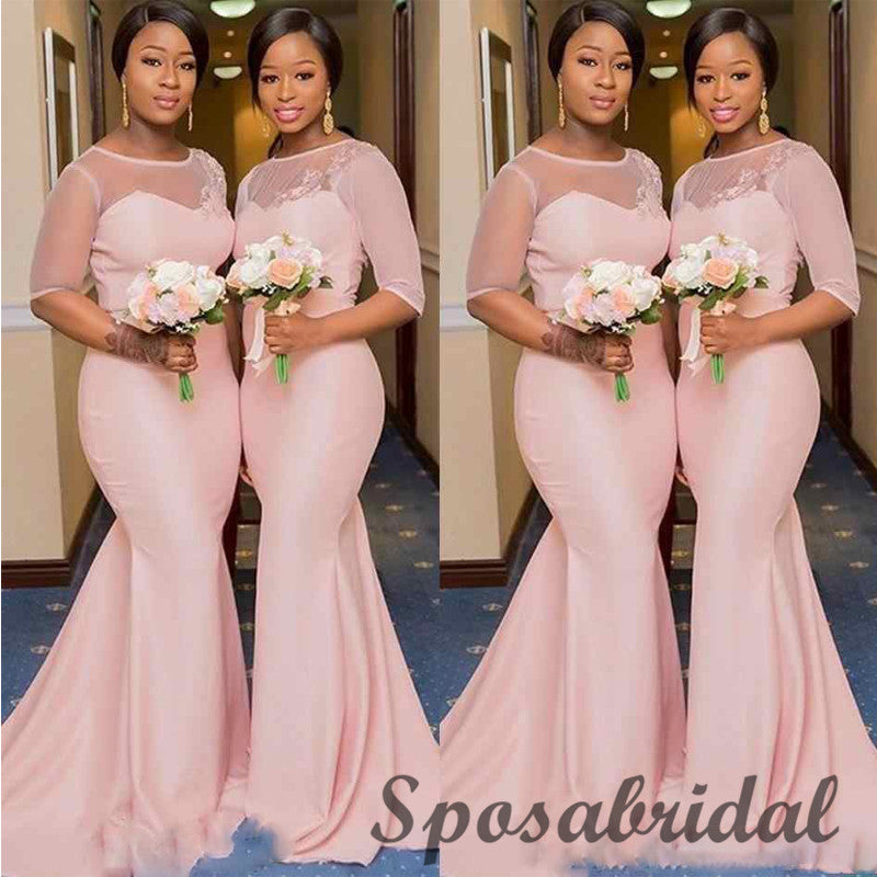 Pink Half Sleeves Mermaid Elegant Long Bridesmaid Dresses WG915