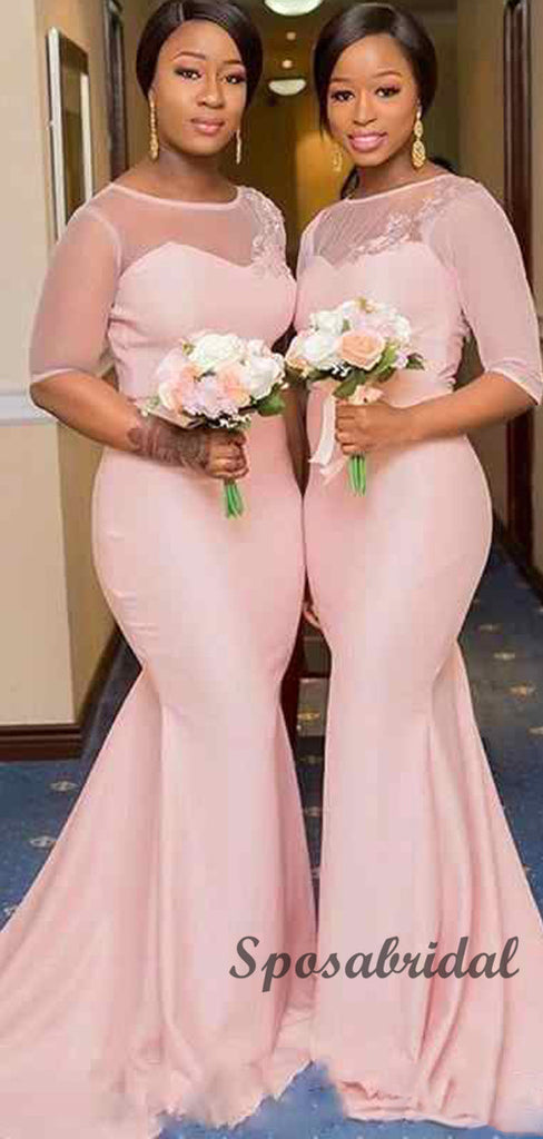 Pink Half Sleeves Mermaid Elegant Long Bridesmaid Dresses WG915
