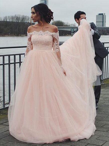 Off Shoulder Long Sleeve Pink A-line Wedding Dresses Online, WD344 SposaBridal Off Shoulder Long Sleeve Pink A-line Wedding Dresses Online, WD344 SposaBridal