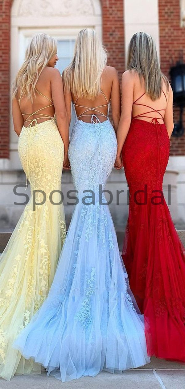 Popular Lace Mermaid Straps Blue Yellow Tight Long Prom Dresses PD2112 SposaBridal Popular Lace Mermaid Straps Blue Yellow Tight Long Prom Dresses PD2112 SposaBridal