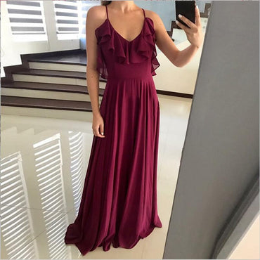 Popular Modest Simple Spaghetti Straps  Burgundy Chiffon Bridesmaid Dresses, prom dresses , WG282