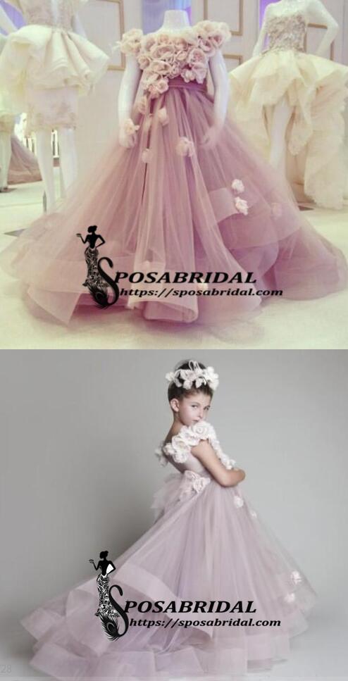 Purple Pink  A-line Beautiful New Arrival Flower Girl Dress, Junior Bridesmaid Dresses with handmade flowers, FG119