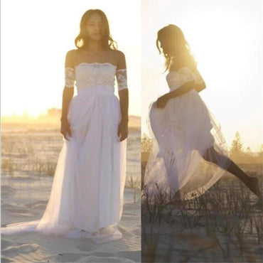 Bateau Short Sleeve White  Wedding Dress Latest Simple Lace Summer Beach Bridal Gowns , PD0224 - SposaBridal