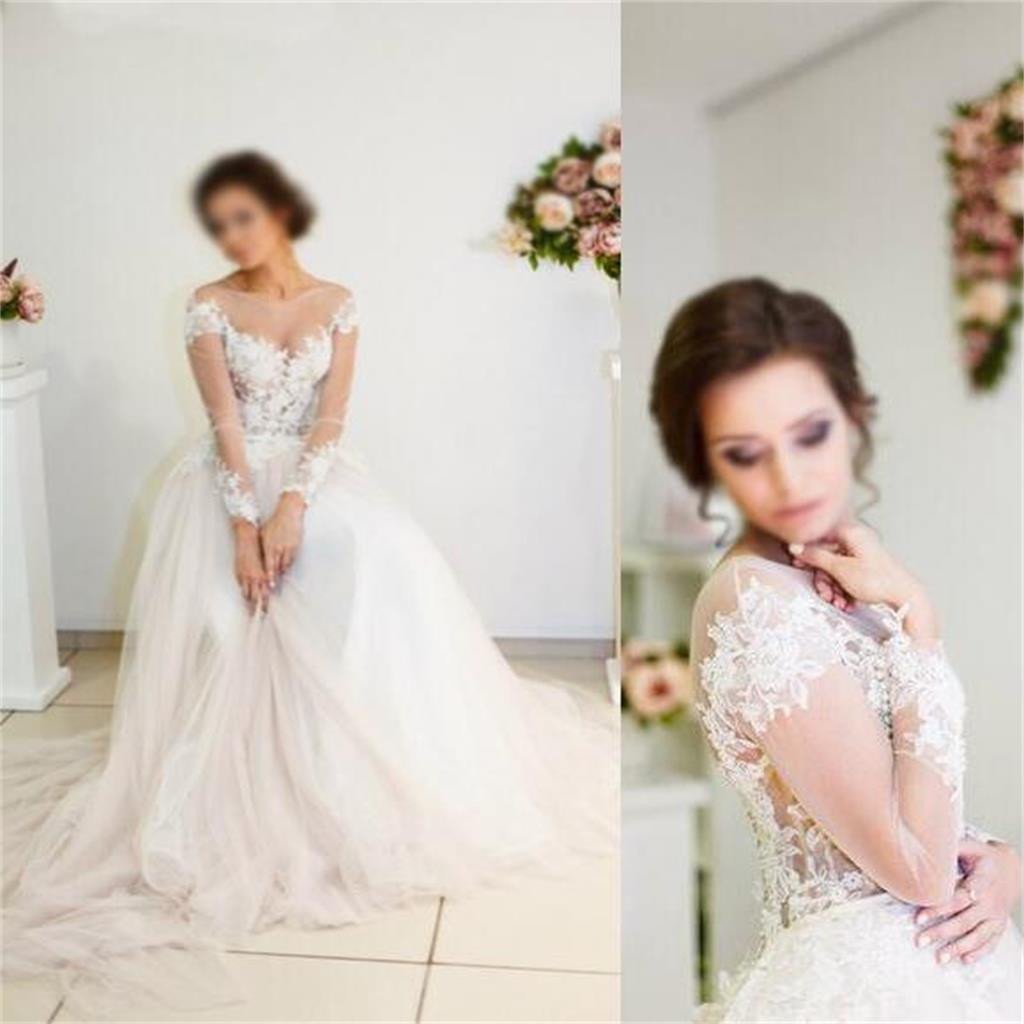 Long Sleeves Lace Appliques Tulle Pretty Beach Summer Free Custom Wedding Dresses  , WD0080