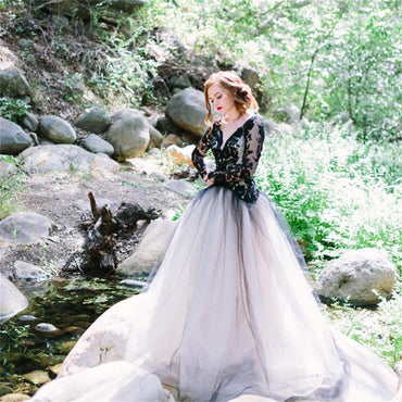 Charming Black Lace Newest Elegant Prom Dress, Custom Long Sleeves Open Back Wedding Dress, PD0393 - SposaBridal