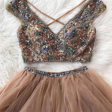Sparkly Two Pieces Tulle V-neck Cap Sleeves Prom Dresses, Newest Fashion Dresses, PD0476