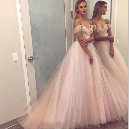 Sexy Blush Pink Off Shoulder Sweetheart A-line Tulle Long Prom Dress, PD0602