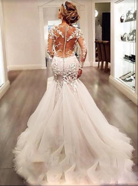 Luxury Illusion Lace Long Sleeve Sexy Mermaid Boho Long Wedding Dresse SposaBridal Luxury Illusion Lace Long Sleeve Sexy Mermaid Boho Long Wedding Dresse SposaBridal