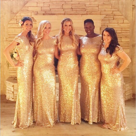 Sparkly Elegant Mermaid Champagne Cap-sleeve Long Bridesmaid Dresses, SposaBridal Sparkly Elegant Mermaid Champagne Cap-sleeve Long Bridesmaid Dresses, SposaBridal