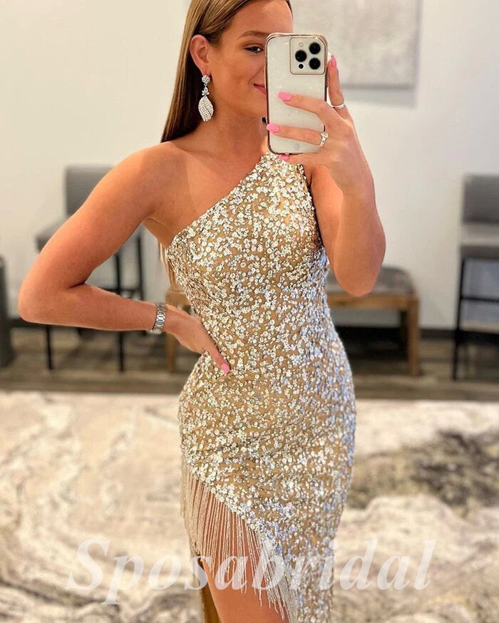 Sexy Sequin One Shoulder Sleeveless Side Slit Mermaid Long Prom Dresses, PD3617