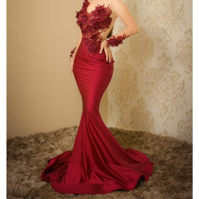 Custom Red Mermaid Long Modest Prom Dresses PD2347