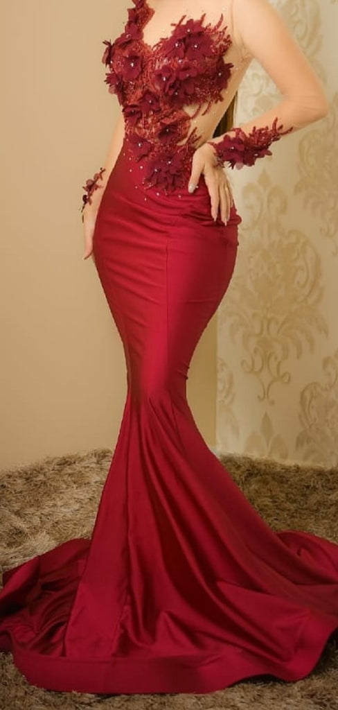 Custom Red Mermaid Long Modest Prom Dresses PD2347