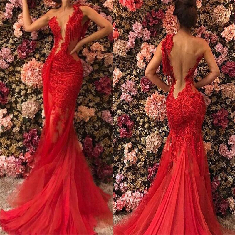 Red Lace Uniqe Design Open Back Elegant Formal Mermaid Long Prom Dress –  SposaBridal