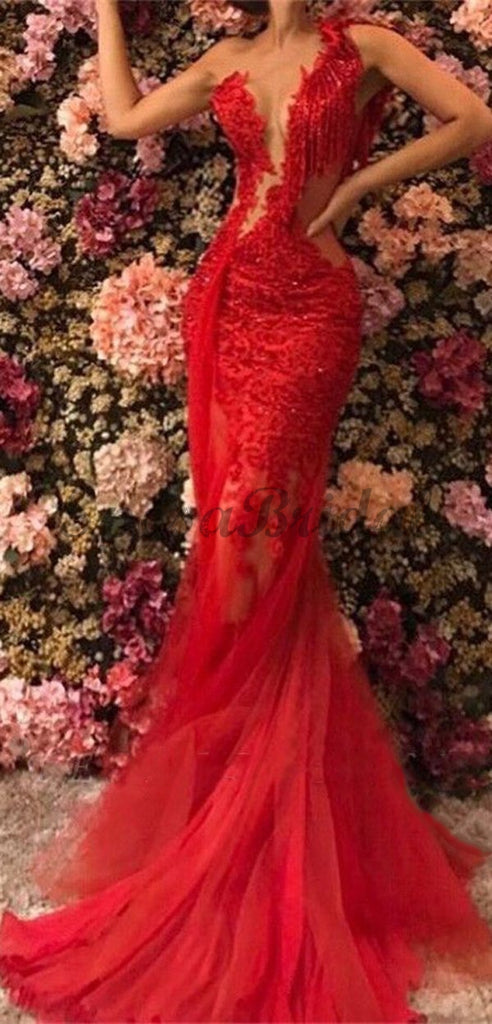 Red Lace Uniqe Design Open Back Elegant Formal Mermaid Long Prom Dresses PD1440