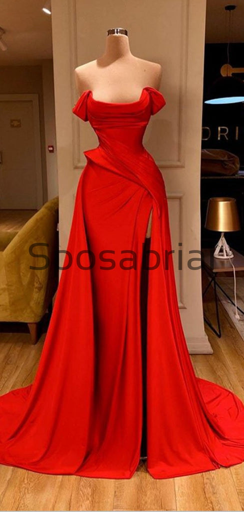 Red Mermaid Tight Side Slit Satin Simple Modest Prom Dresses PD2084